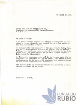 Carta emesa per Fernando Rubió Tudurí a José M. Álvarez Moreno