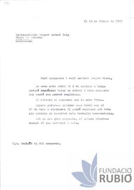 Carta emesa per Fernando Rubió Tudurí a Antoni Deig