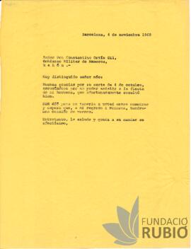 Carta emesa per Fernando Rubió Tudurí a Constantino Ortín Gil