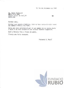Carta emesa per Fernando Rubió Tudurí a Enric Taltavull