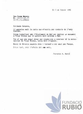 Carta emesa per Fernando Rubió Tudurí a Carme Morera