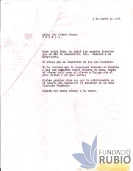 Carta emesa per Fernando Rubió Tudurí a Álvaro Conde