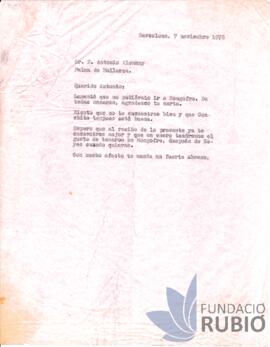 Carta emesa per Fernando Rubió Tudurí a Antonio Alemany