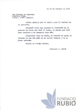 Carta emesa per Fernando Rubió Tudurí a Claudia de Theotoky