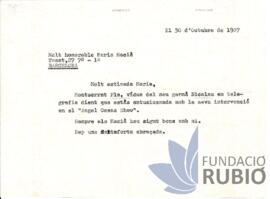 Carta emesa per Fernando Rubió Tudurí a Maria Macià