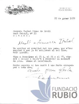 Carta emesa per Fernando Rubió Tudurí a Isabel Pruna de Brull