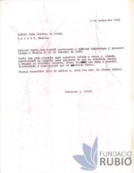Carta emesa per Fernando Rubió Tudurí a Beatriz de Zobel