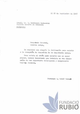 Carta emesa per Fernando Rubió Tudurí a Baldomero Hernández