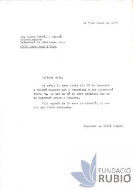 Carta emesa per Fernando Rubió Tudurí a Jaume Ferrús i Estopà