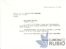 Carta emesa per Fernando Rubió Tudurí a Antonio Pons Timoner