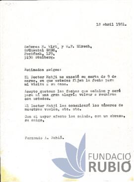 Carta emesa per Fernando Rubió Tudurí a M. Wirt i W. F. Hirsch