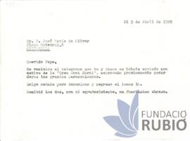 Carta emesa per Fernando Rubió Tudurí a José María de Olivar