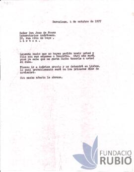 Carta emesa per Fernando Rubió Tudurí a Joao de Sousa