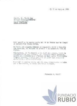Carta emesa per Fernando Rubió Tudurí a David Joy
