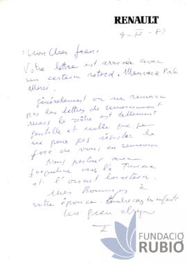 Carta emesa per Fernando Rubió Tudurí a Jean Lactot