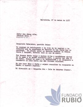 Carta emesa per Fernando Rubió Tudurí a Jaime Alba
