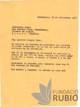 Carta emesa per Fernando Rubió Tudurí a Gabriel Pons