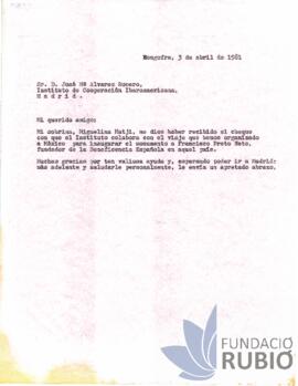 Carta emesa per Fernando Rubió Tudurí a José M. Álvarez Romero