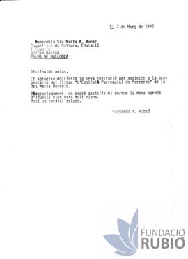 Carta emesa per Fernando Rubió Tudurí a Maria A. Munar
