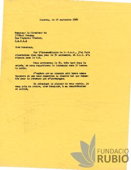 Carta emesa per Fernando Rubió Tudurí al Director de l'Hôtel Powers