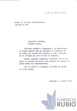 Carta emesa per Fernando Rubió Tudurí a Borja Carreras-Moysi