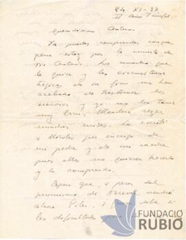 Carta emesa per Fernando Rubió Tudurí a Antonio Matji Sagrera