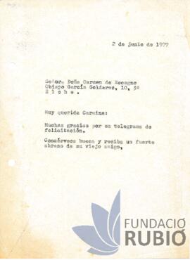 Carta emesa per Fernando Rubió Tudurí a Carmen de Recagno
