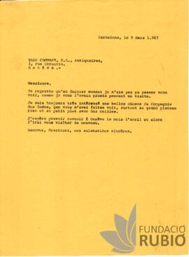 Carta emesa per Fernando Rubió Tudurí a Yade Company, S. A., Antiquaires