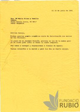 Carta emesa per Fernando Rubió Tudurí a Maria Alias i Familia