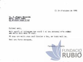 Carta emesa per Fernando Rubió Tudurí a Miguel Mesquida