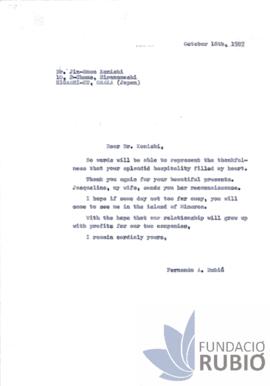 Carta emesa per Fernando Rubió Tudurí a Jin-Emon Konishi