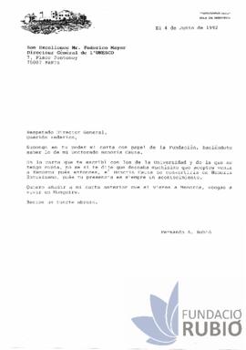 Carta emesa per Fernando Rubió Tudurí a Federico Mayor Zaragoza