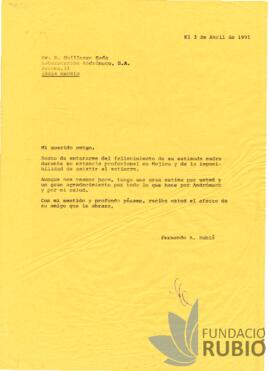 Carta emesa per Fernando Rubió Tudurí a Guillermo Sada