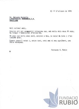Carta emesa per Fernando Rubió Tudurí a Antonio Aulestia