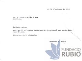Carta emesa per Fernando Rubió Tudurí a Antonio Allès i senyora