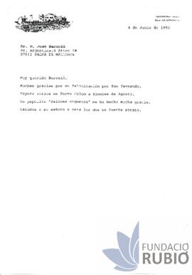Carta emesa per Fernando Rubió Tudurí a Juan Barceló