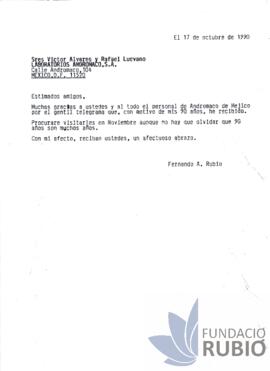 Carta emesa per Fernando Rubió Tudurí a Víctor Alvares i Rafael Luevano