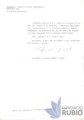 Carta emesa per Fernando Rubió Tudurí al Delegat del Govern de Menorca