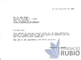 Carta emesa per Fernando Rubió Tudurí a Pau Faner
