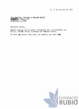 Carta emesa per Fernando Rubió Tudurí a Marifer, Enrique i Nicolás Rubió