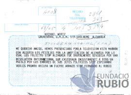 Telegrama emès per Fernando Rubió Tudurí a Michael Wirtz