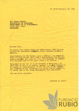 Carta emesa per Fernando Rubió Tudurí a Albert Manent