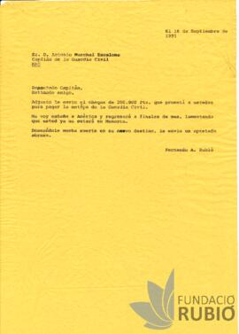 Carta emesa per Fernando Rubió Tudurí a Antonio Marchal Escalona