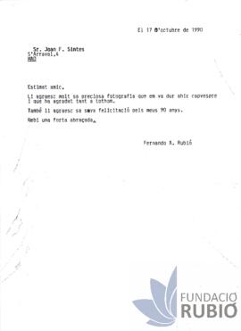 Carta emesa per Fernando Rubió Tudurí a Joan F. Sintes