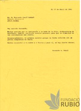 Carta emesa per Fernando Rubió Tudurí a Fernando Bauzá Cabiró