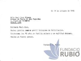 Carta emesa per Fernando Rubió Tudurí a Mari-Jose Blanco