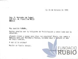 Carta emesa per Fernando Rubió Tudurí a Mercedes de Tudurí