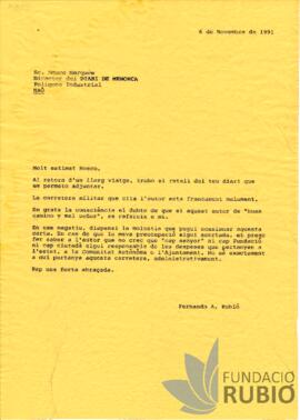 Carta emesa per Fernando Rubió Tudurí a Bosco Marquès