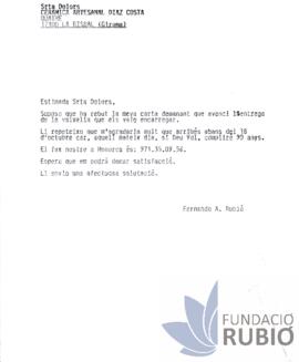 Carta emesa per Fernando Rubió Tudurí a Ceràmica Artesanal Díaz Costa