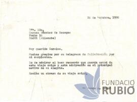 Carta emesa per Fernando Rubió Tudurí a Carmen Sánchez de Recagno